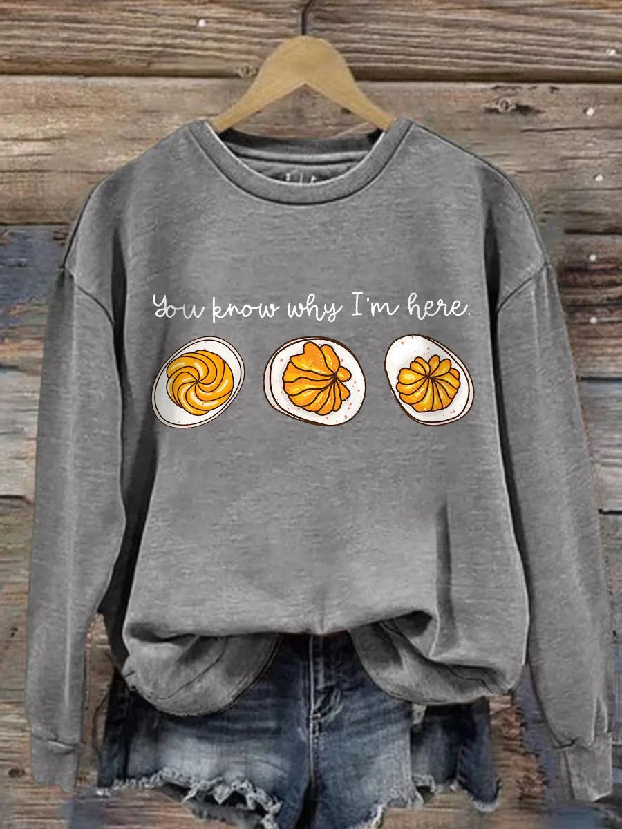 Women's cotton crew neck winter sweatshirt with deviled egg graphic print