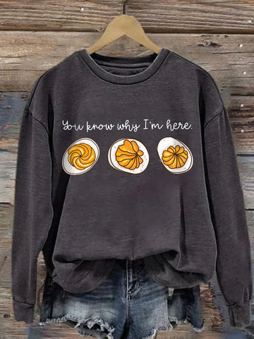 Women's cotton crew neck winter sweatshirt with deviled egg graphic print