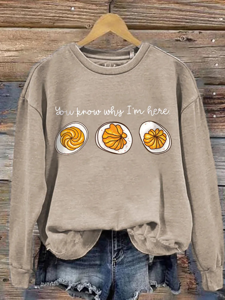 Women's cotton crew neck winter sweatshirt with deviled egg graphic print