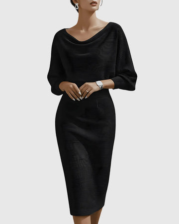 Women's Cowl Neck Batwing Sleeve Ribbed Winter Midi Dress