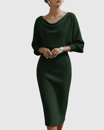 Women's Cowl Neck Batwing Sleeve Ribbed Winter Midi Dress
