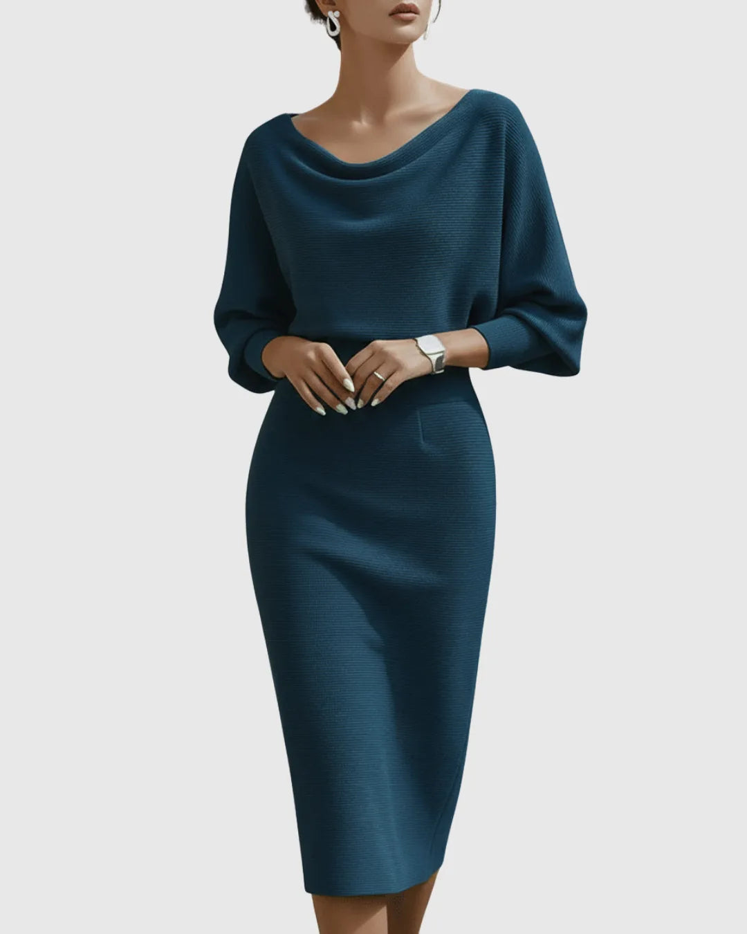 Women's Cowl Neck Batwing Sleeve Ribbed Winter Midi Dress