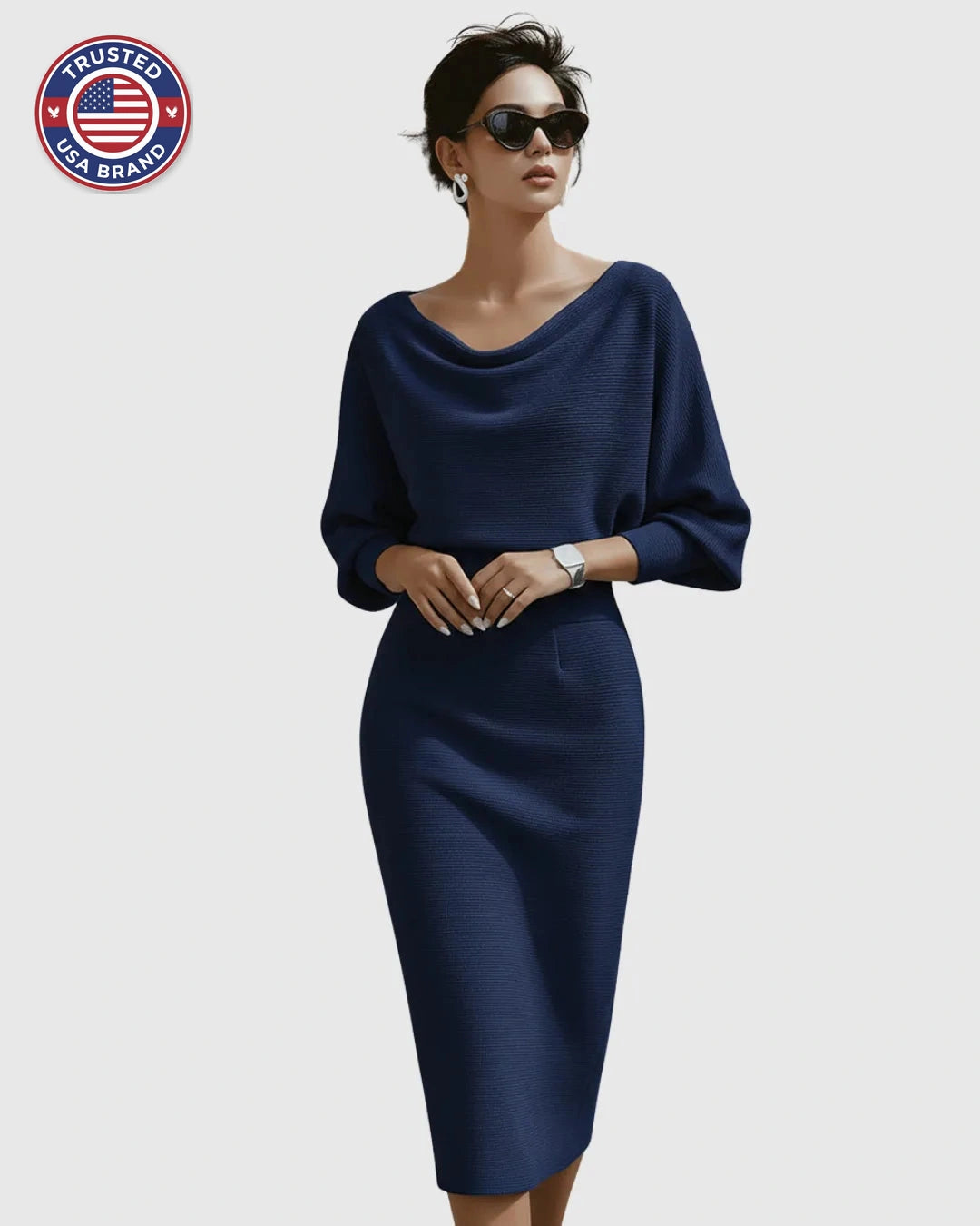 Women's Cowl Neck Batwing Sleeve Ribbed Winter Midi Dress
