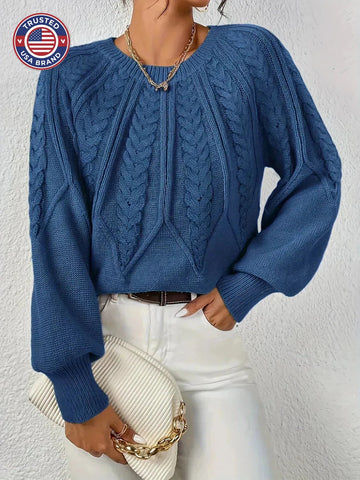 Women's crew neck winter cable knit sweater with varied pattern