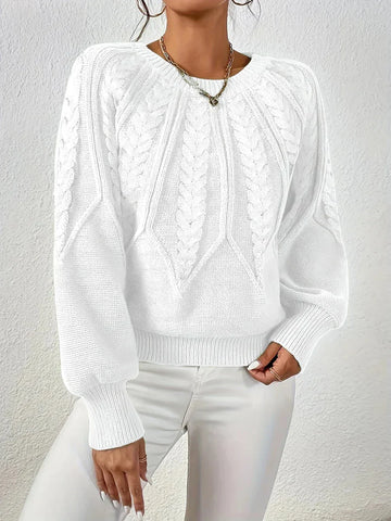 Women's crew neck winter cable knit sweater with varied pattern