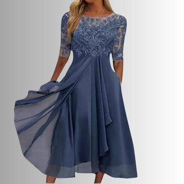 Women's crew neck winter midi dress with lace embroidered bodice