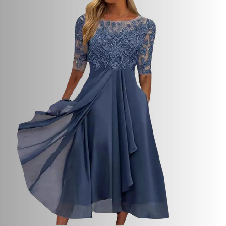 Women's crew neck winter midi dress with lace embroidered bodice
