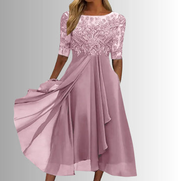 Women's crew neck winter midi dress with lace embroidered bodice
