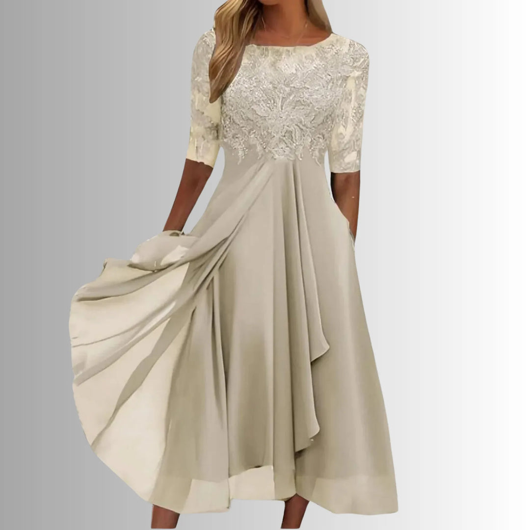 Women's crew neck winter midi dress with lace embroidered bodice