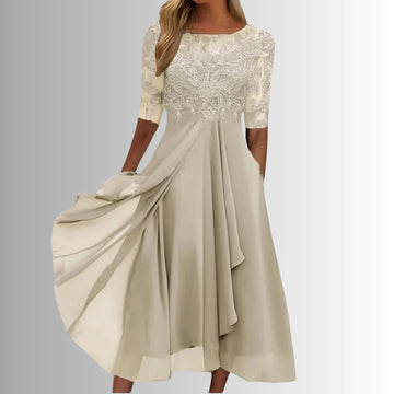 Women's crew neck winter midi dress with lace embroidered bodice