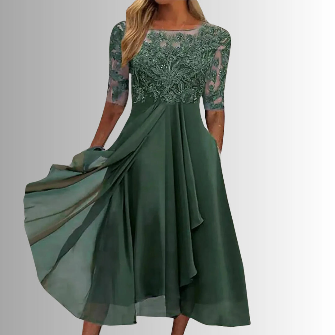 Women's crew neck winter midi dress with lace embroidered bodice
