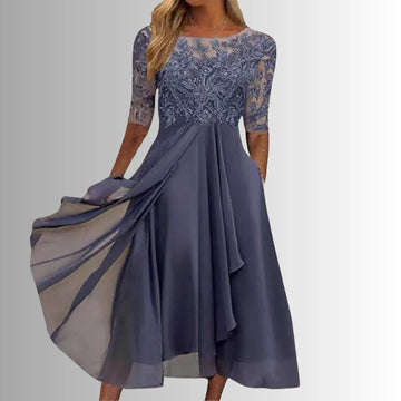 Women's crew neck winter midi dress with lace embroidered bodice