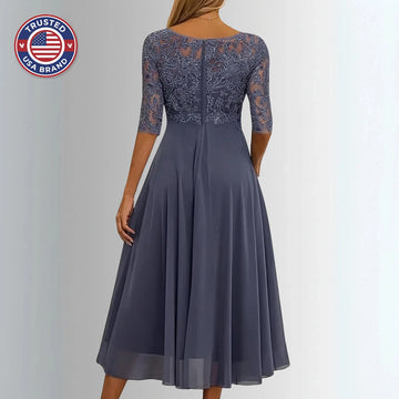 Women's crew neck winter midi dress with lace embroidered bodice