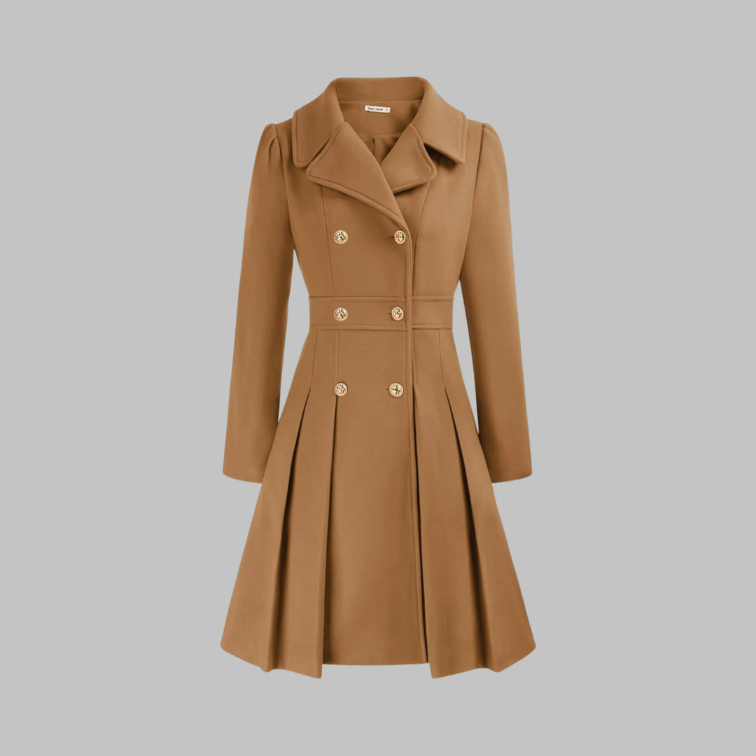 Women's double-breasted notch lapel knee winter wool coat with pleated skirt