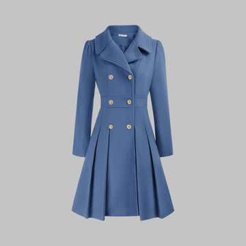 Women's double-breasted notch lapel knee winter wool coat with pleated skirt
