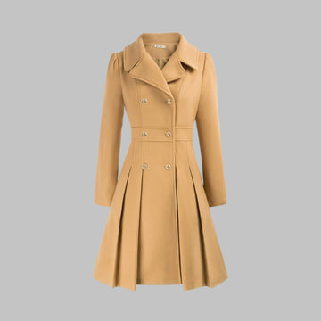 Women's double-breasted notch lapel knee winter wool coat with pleated skirt