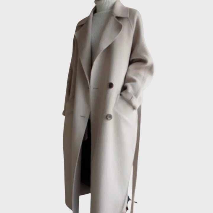 Women's double-breasted notch lapel maxi winter wool coat with tie belt