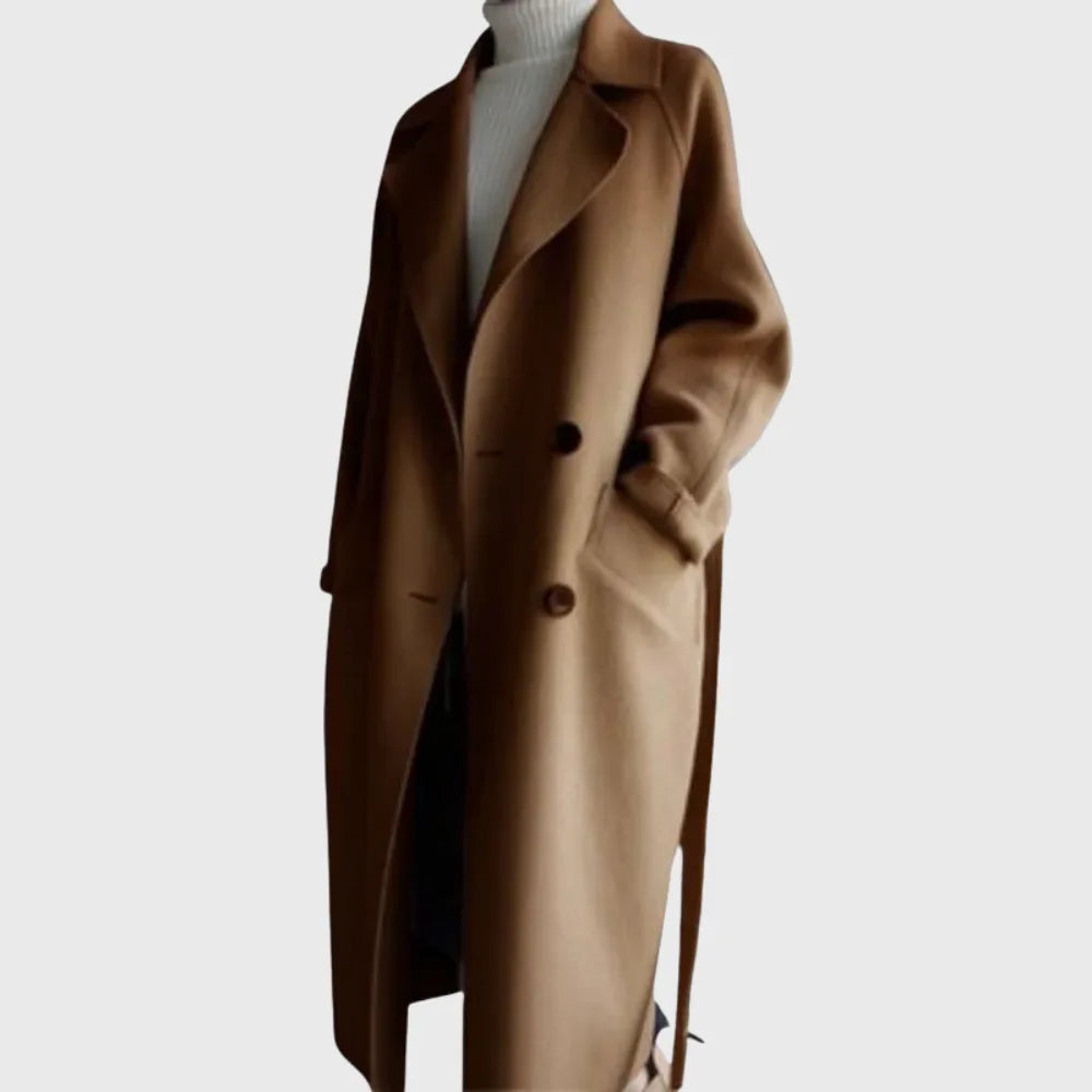 Women's double-breasted notch lapel maxi winter wool coat with tie belt