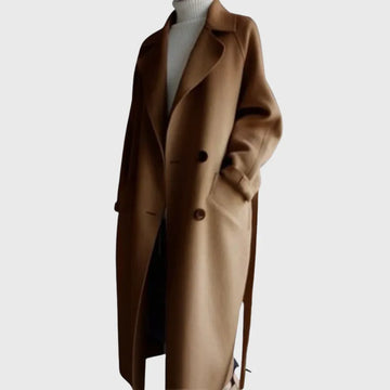 Women's double-breasted notch lapel maxi winter wool coat with tie belt