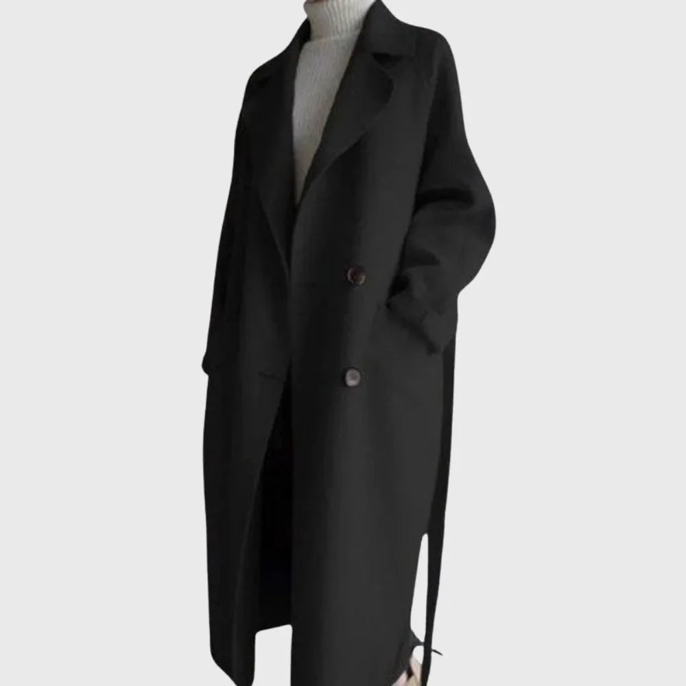 Women's double-breasted notch lapel maxi winter wool coat with tie belt