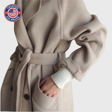 Women's double-breasted notch lapel maxi winter wool coat with tie belt
