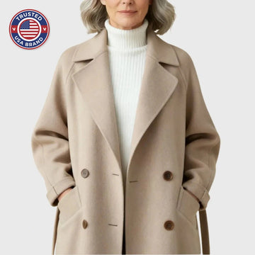 Women's double-breasted notch lapel maxi winter wool coat with tie belt
