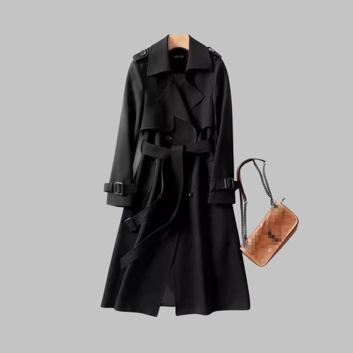 Women's double-breasted notch lapel winter trench coat with shoulder epaulets - Khaki
