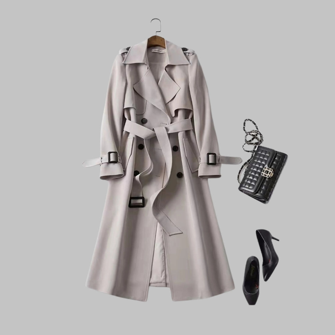 Women's double-breasted notch lapel winter trench coat with shoulder epaulets - Khaki