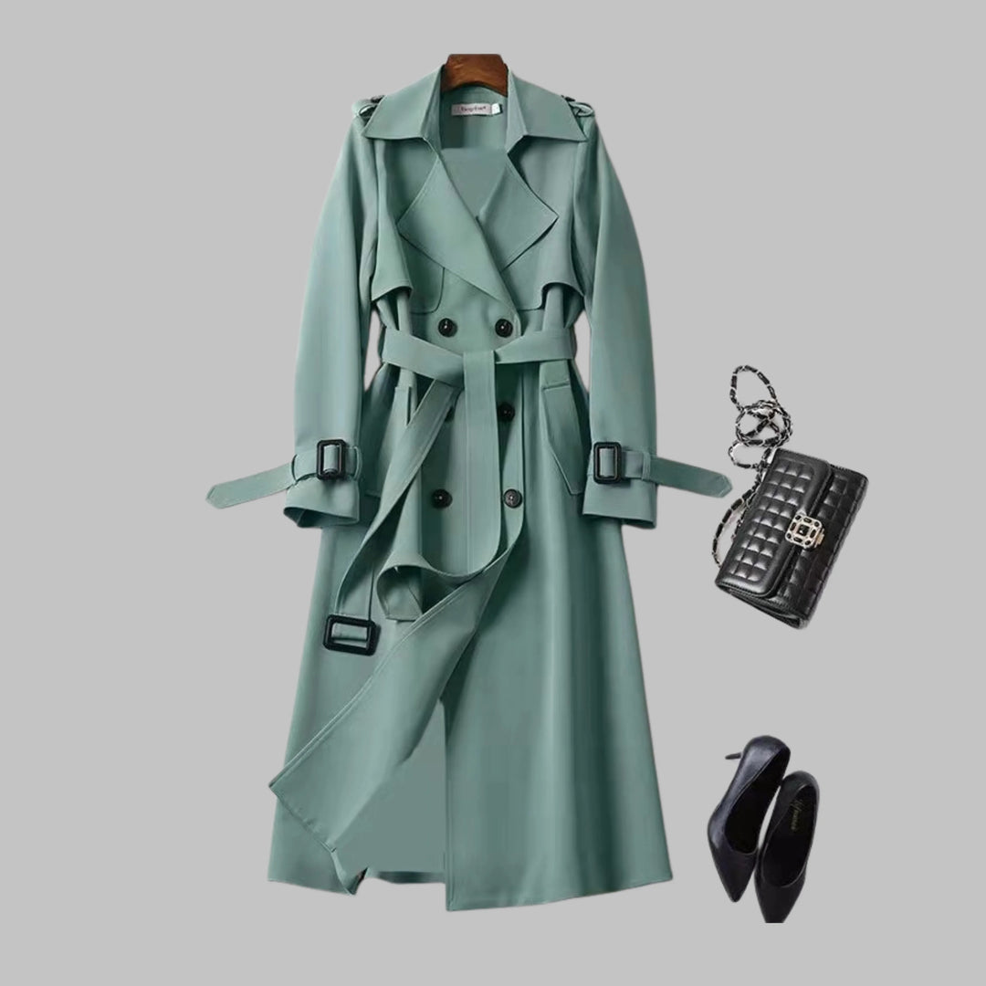 Women's double-breasted notch lapel winter trench coat with shoulder epaulets - Khaki
