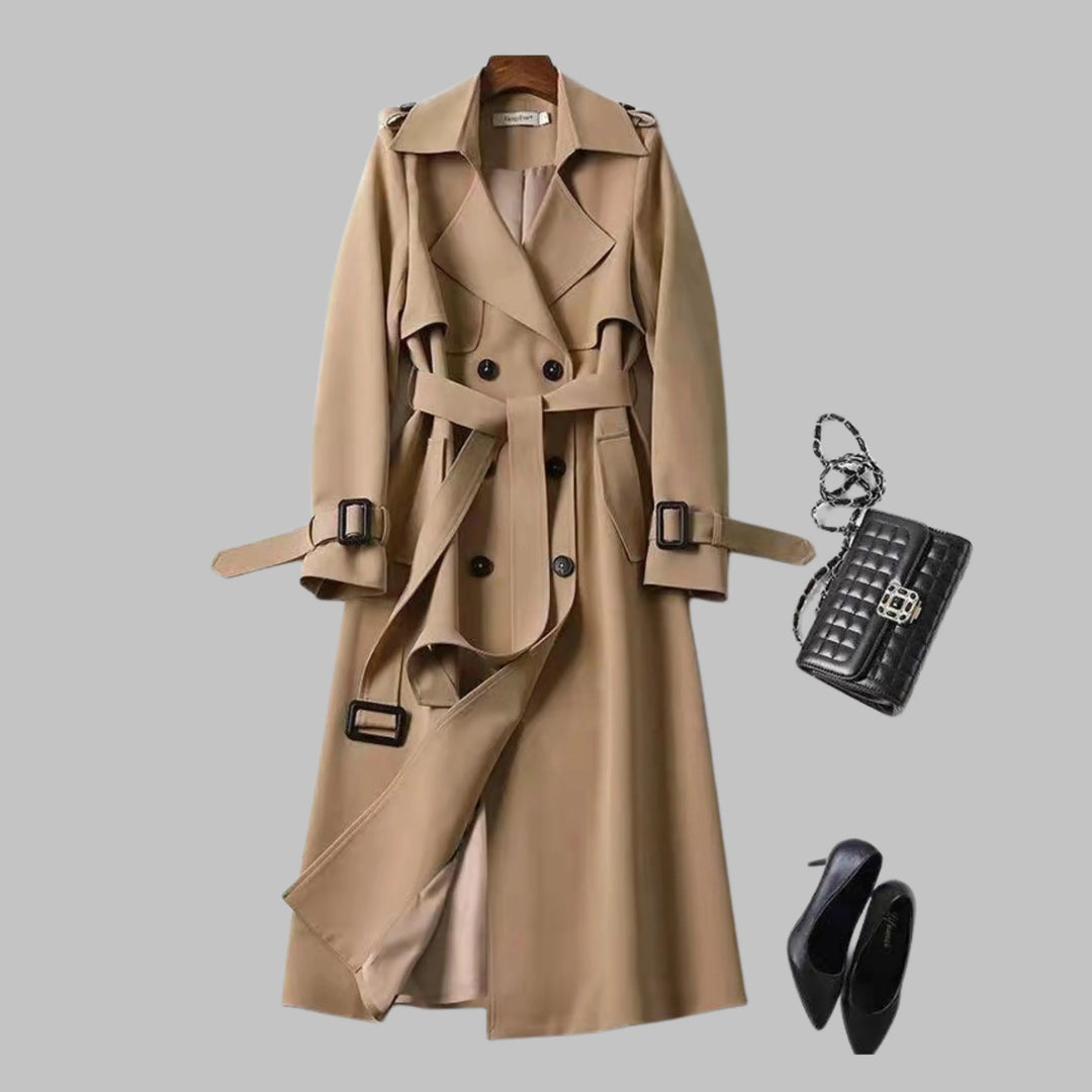 Women's double-breasted notch lapel winter trench coat with shoulder epaulets - Khaki