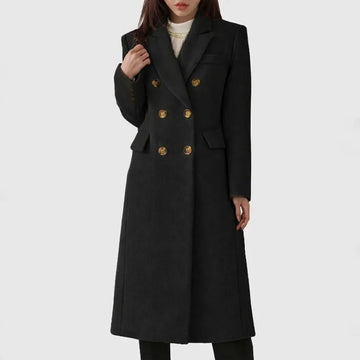 Women's double-breasted notch lapel winter wool coat with button front