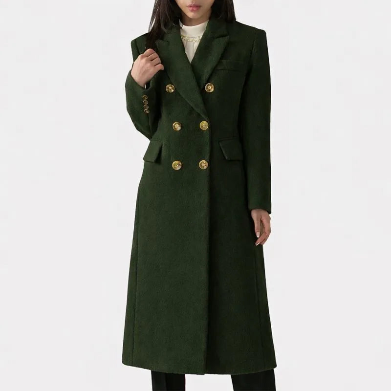 Women's double-breasted notch lapel winter wool coat with button front