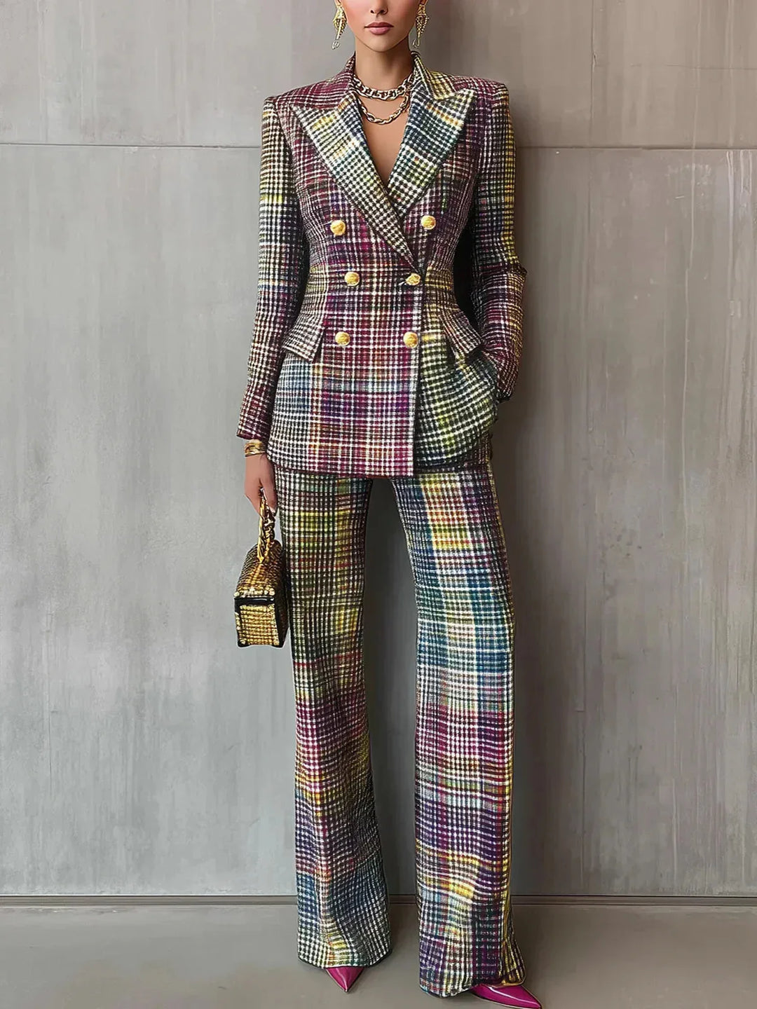 Women's Double Breasted Plaid Winter Blazer Suit Set