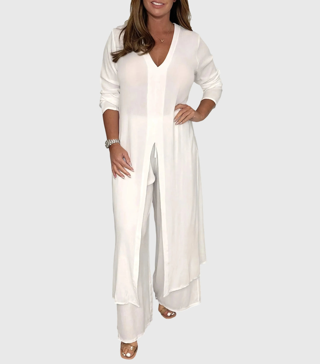 Women's Winter Duster Cardigan Two-Piece Set Wide Leg Pants