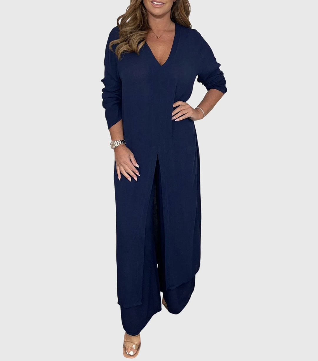 Women's Winter Duster Cardigan Two-Piece Set Wide Leg Pants