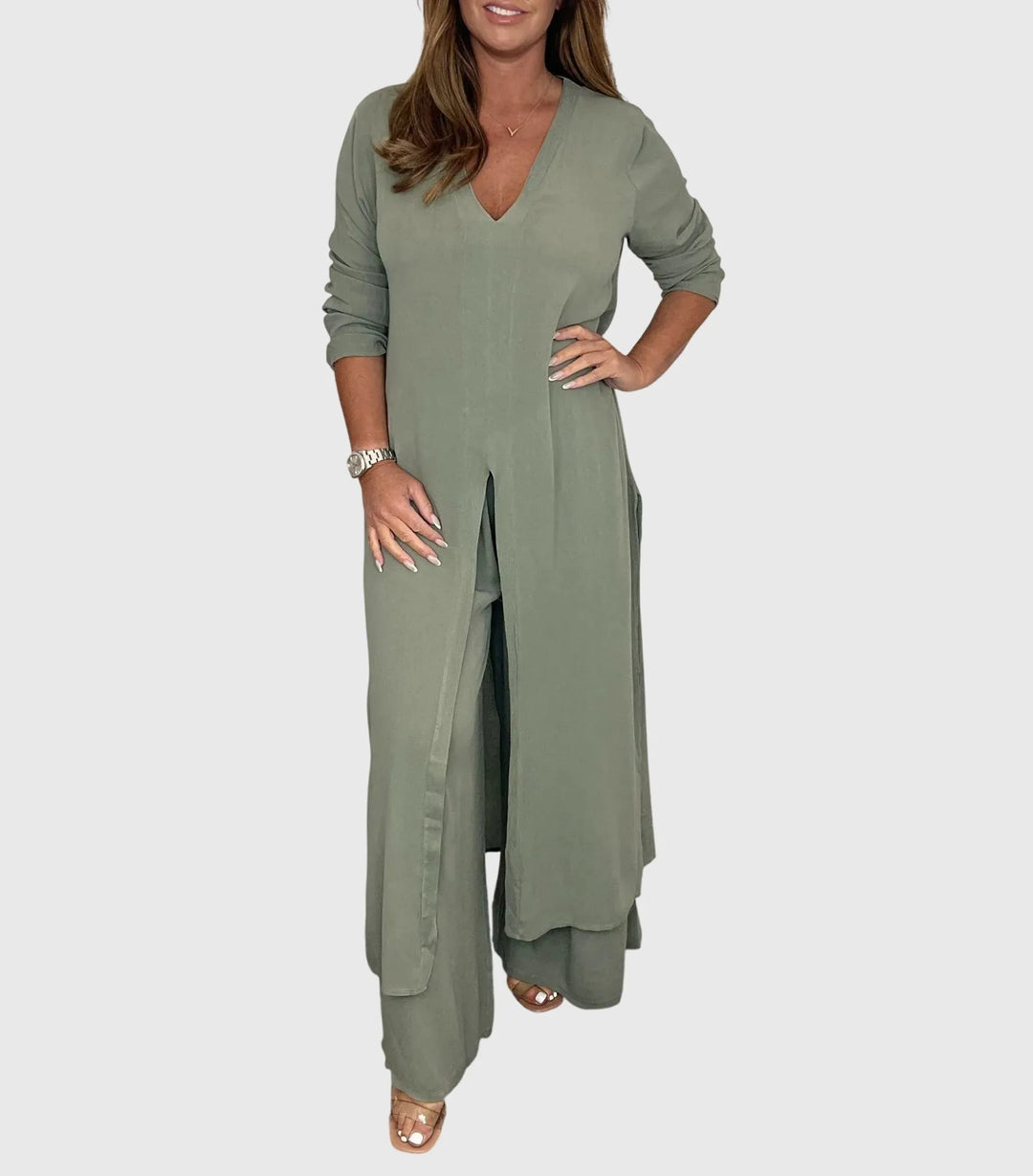 Women's Winter Duster Cardigan Two-Piece Set Wide Leg Pants