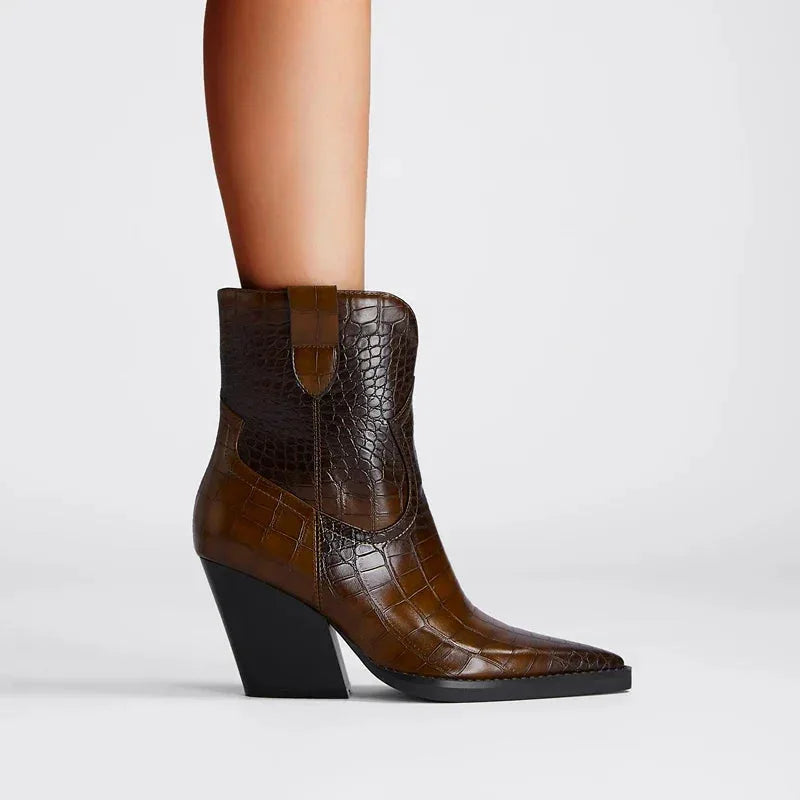 Women's faux leather ankle winter boots with crocodile embossed