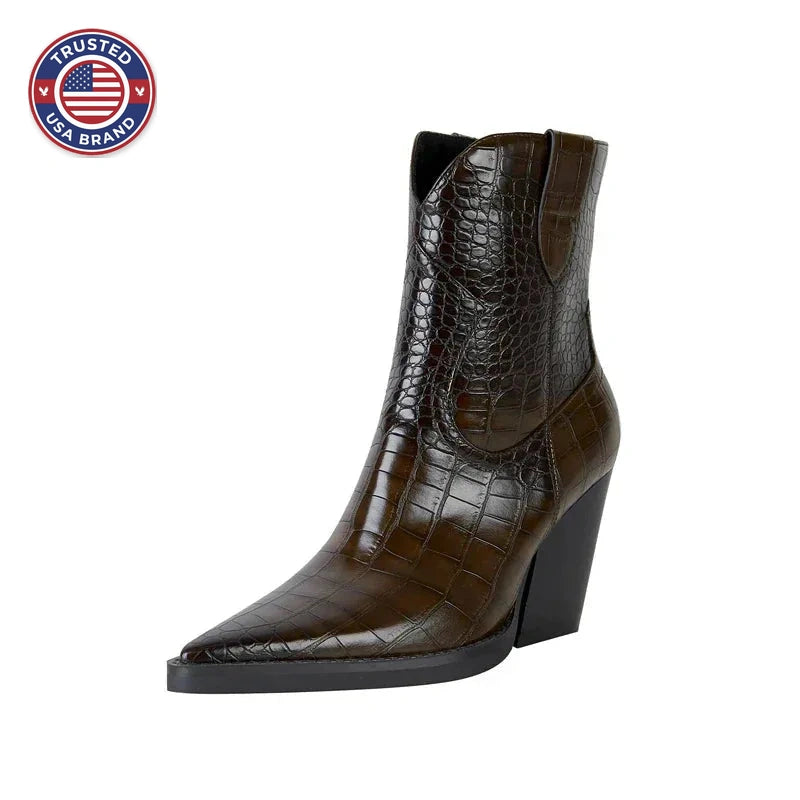 Women's faux leather ankle winter boots with crocodile embossed
