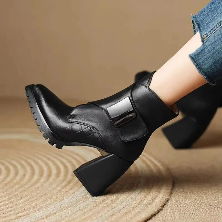 Women's faux leather ankle winter boots with metallic buckle detail