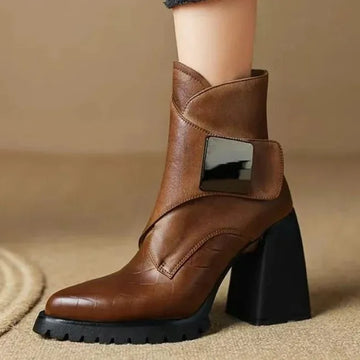 Women's faux leather ankle winter boots with metallic buckle detail