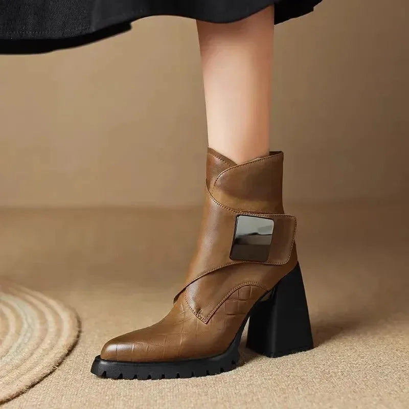 Women's faux leather ankle winter boots with metallic buckle detail