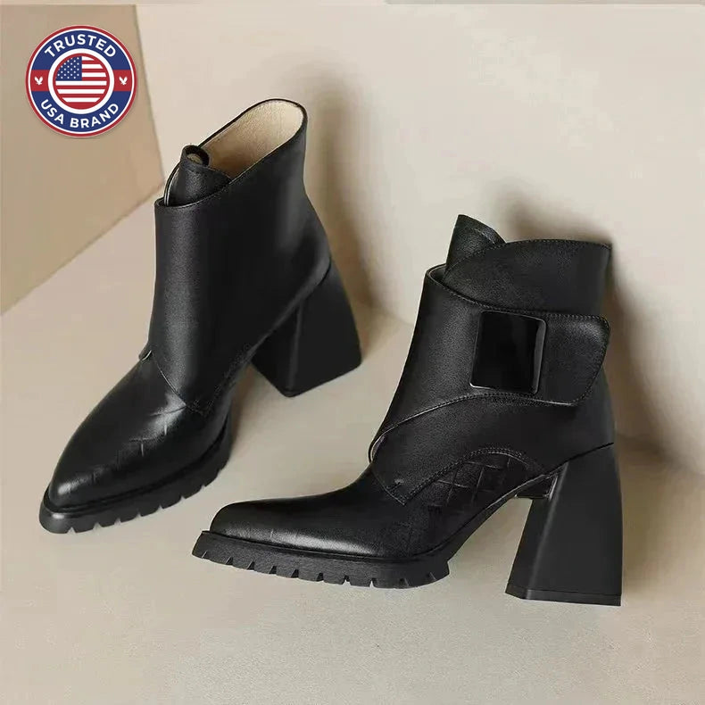 Women's faux leather ankle winter boots with metallic buckle detail