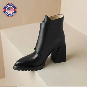 Women's faux leather ankle winter boots with metallic buckle detail