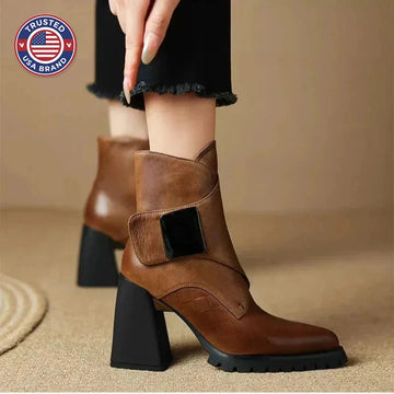 Women's faux leather ankle winter boots with metallic buckle detail