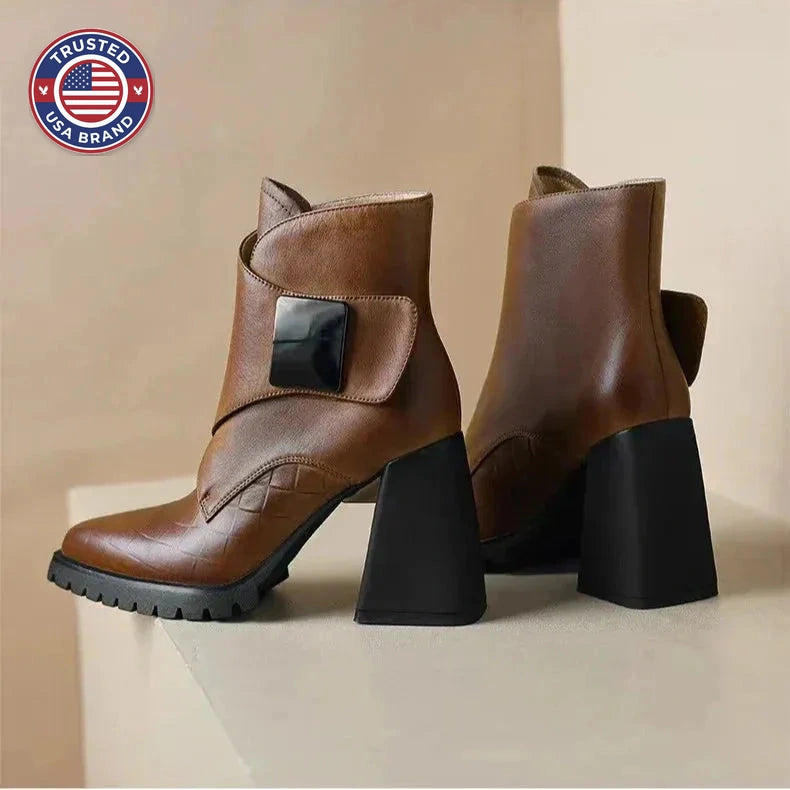 Women's faux leather ankle winter boots with metallic buckle detail
