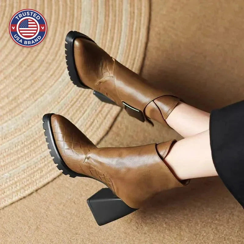 Women's faux leather ankle winter boots with metallic buckle detail