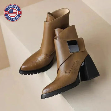 Women's faux leather ankle winter boots with metallic buckle detail