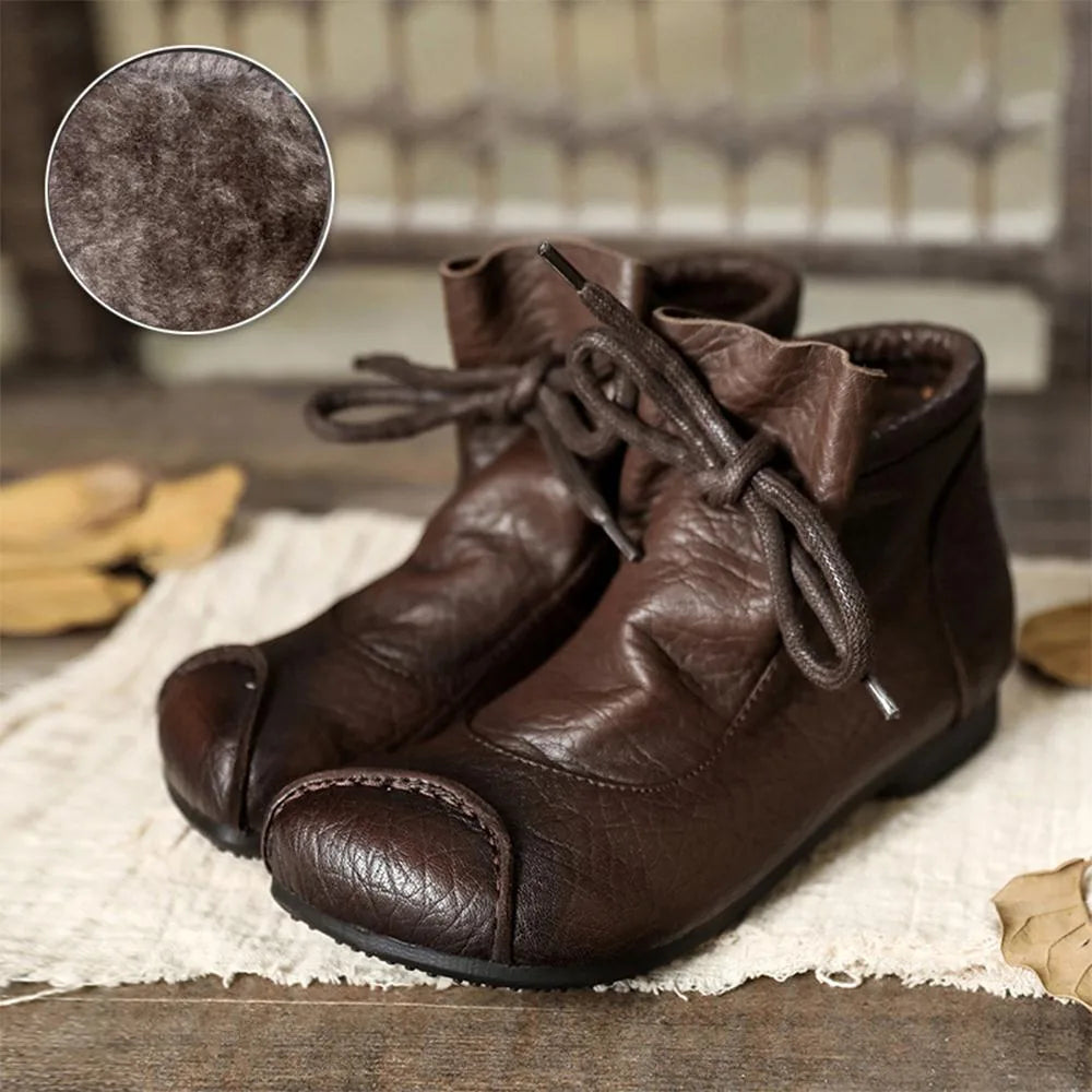 Women's faux leather lace-up ankle winter boots with furry lining