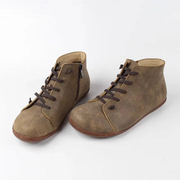 Women's faux leather lace-up ankle winter boots with side zip and flat sole