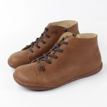 Women's faux leather lace-up ankle winter boots with side zip and flat sole